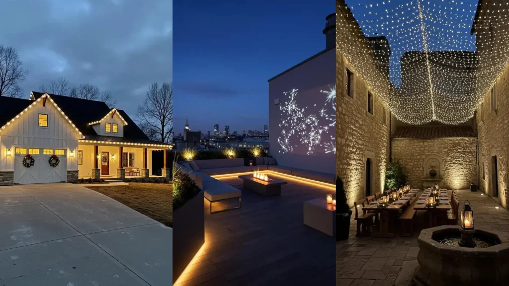 Éclairage extérieur festif : façade de maison, terrasse moderne et cour décorées de lumières pour les fêtes de fin d'année.