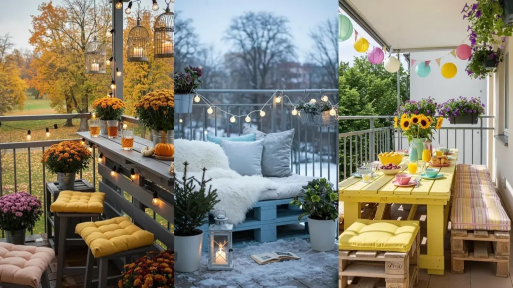 Inspirations DIY pour balcons fleuris avec palettes en bois, peintures pastel et suspensions vintage. Déco saisonnière.