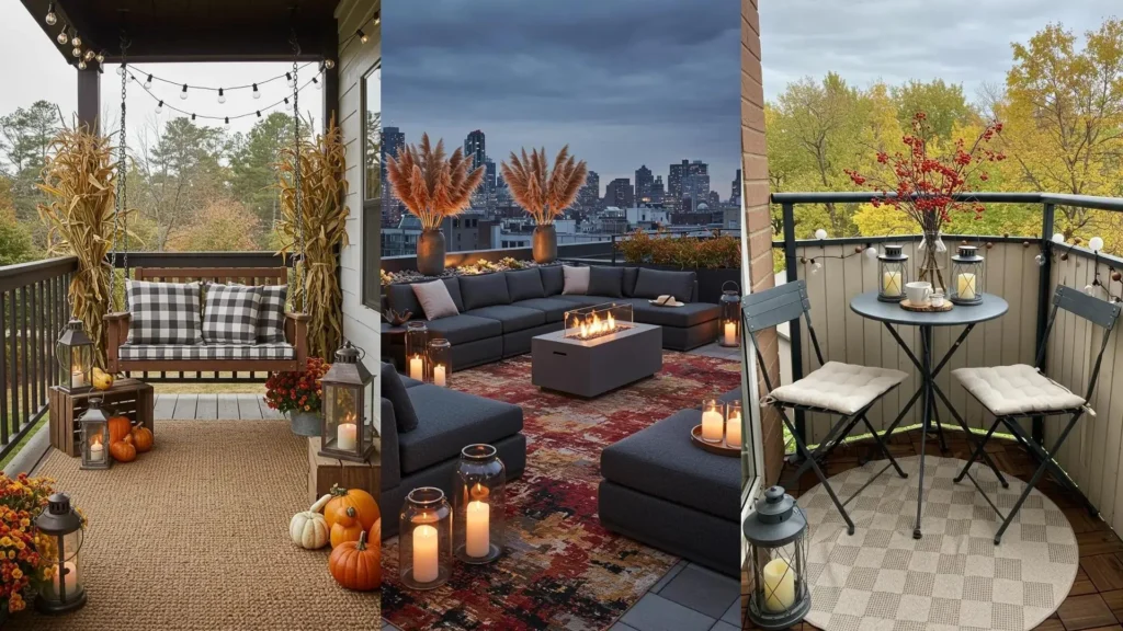 Décoration automnale pour balcons et terrasses : lanternes en verre, tapis imperméables et compositions sèches.