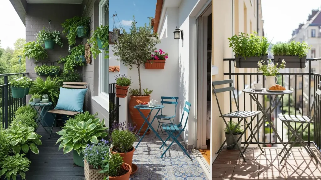 Trois petits balcons aménagés avec plantes suspendues, tables pliantes et végétation luxuriante.