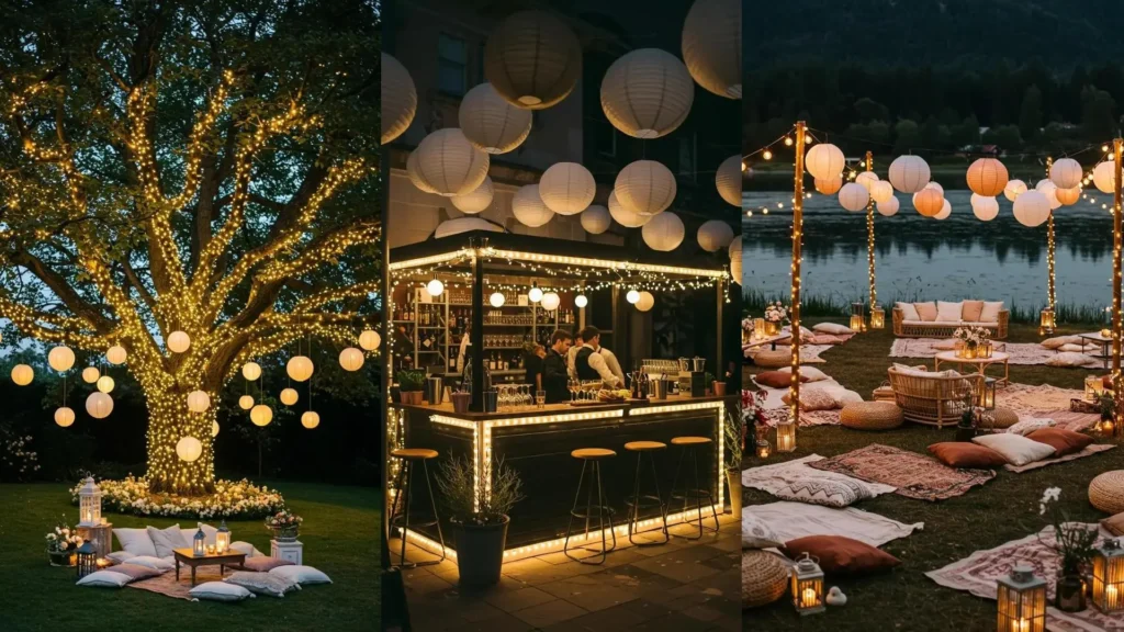 Décoration de mariage en plein air avec lampions suspendus et guirlandes lumineuses pour une ambiance féerique.