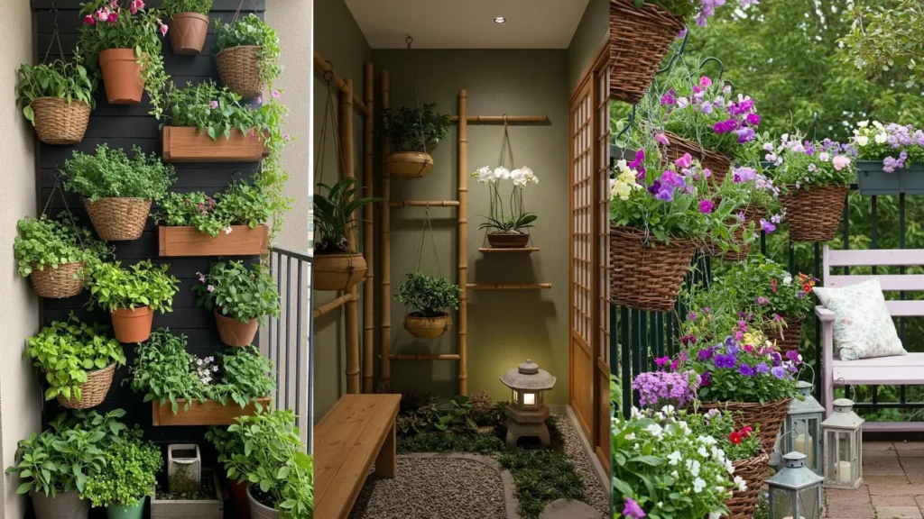 Trois balcons fleuris avec jardinières suspendues DIY colorées, murs végétaux et aménagement zen. Idées déco.