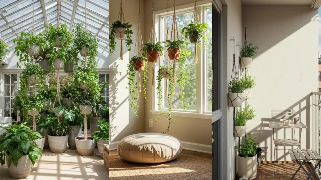 Plantes vertes en pots DIY (macramé, céramique) décorant des coins lumineux.