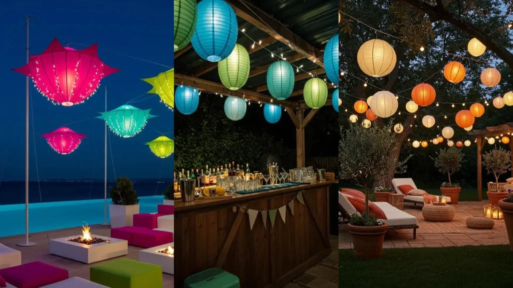 Suspensions lumineuses DIY avec lampions colorés et guirlandes LED créant une ambiance magique en extérieur.