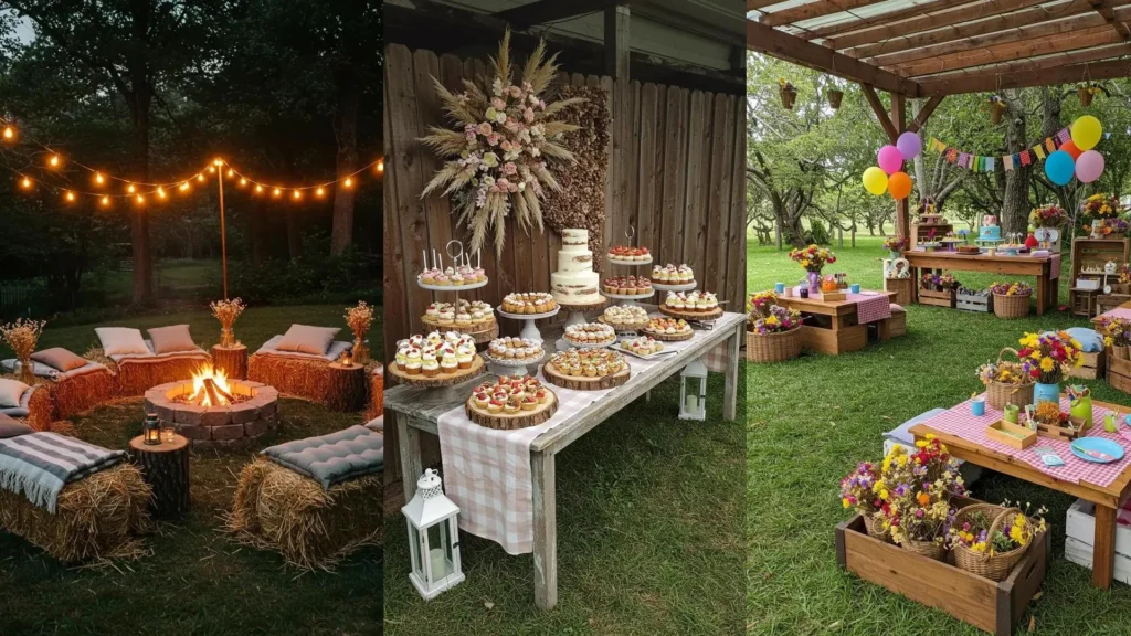 Décor de fête champêtre : nappes à carreaux, paniers rustiques et guirlandes de fleurs séchées.