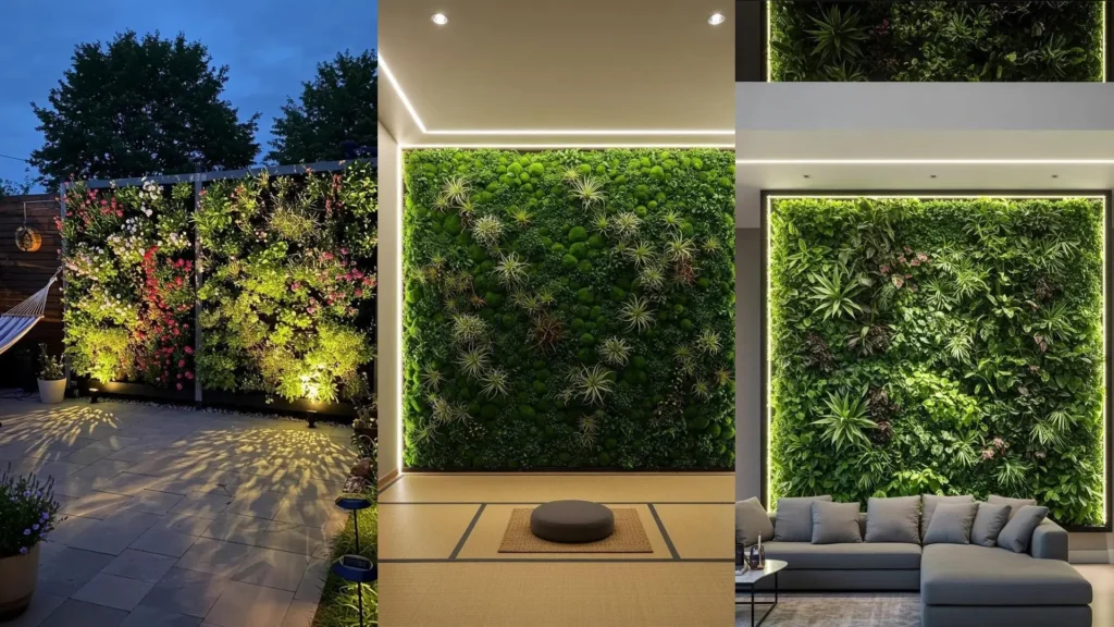Murs végétaux variés avec éclairage doux créant une ambiance zen et méditative pour décoration intérieure et extérieure.