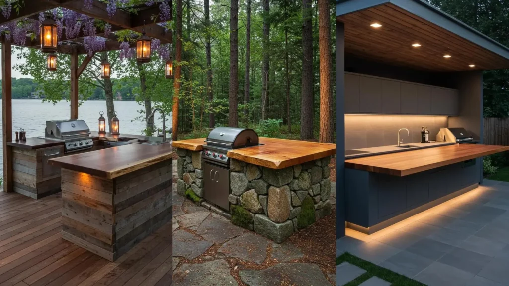 Cuisines extérieures élégantes avec barbecue intégré et comptoirs en bois massif pour des repas en plein air mémorables.