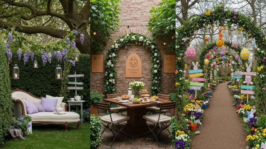 Jardin de Pâques décoré avec guirlandes florales, œufs colorés suspendus et panneaux ludiques.