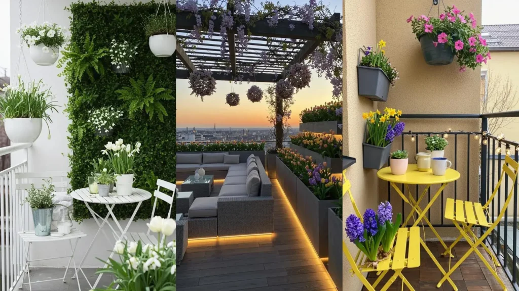 Trois balcons et terrasses printaniers fleuris avec jardinières verticales, suspensions florales et mobiliers cosy.