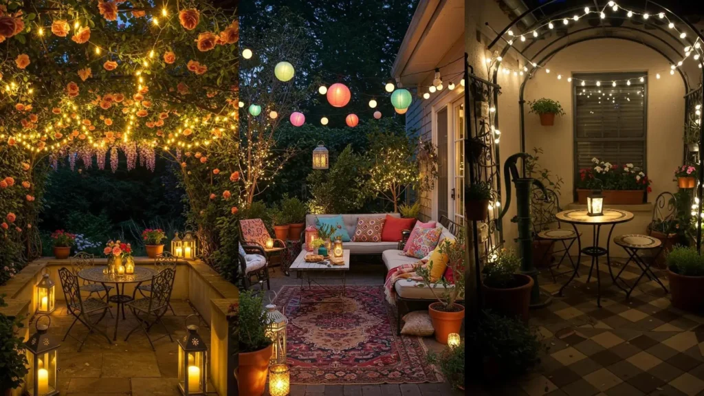 Ambiance festive sur une terrasse conviviale avec guirlandes lumineuses LED et lanternes pour un éclairage discret.