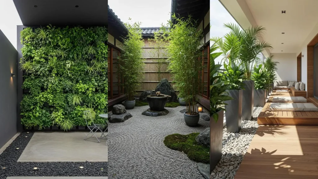 Ambiance zen avec plantes purifiantes, pots minimalistes et galets pour une décoration intérieure et extérieure apaisante.