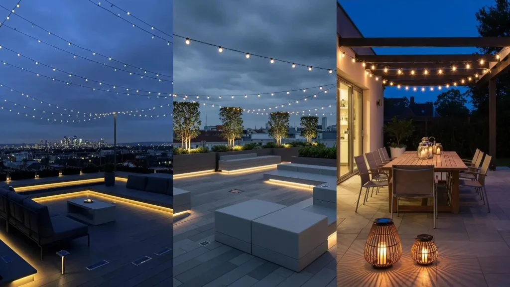 Ambiance de jardin éclairée avec des guirlandes LED et des lanternes solaires, parfait pour l'extérieur durable.