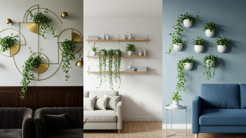 Plantes grimpantes décoratives en tableaux muraux pour salon contemporain. Diverses installations végétales modernes.