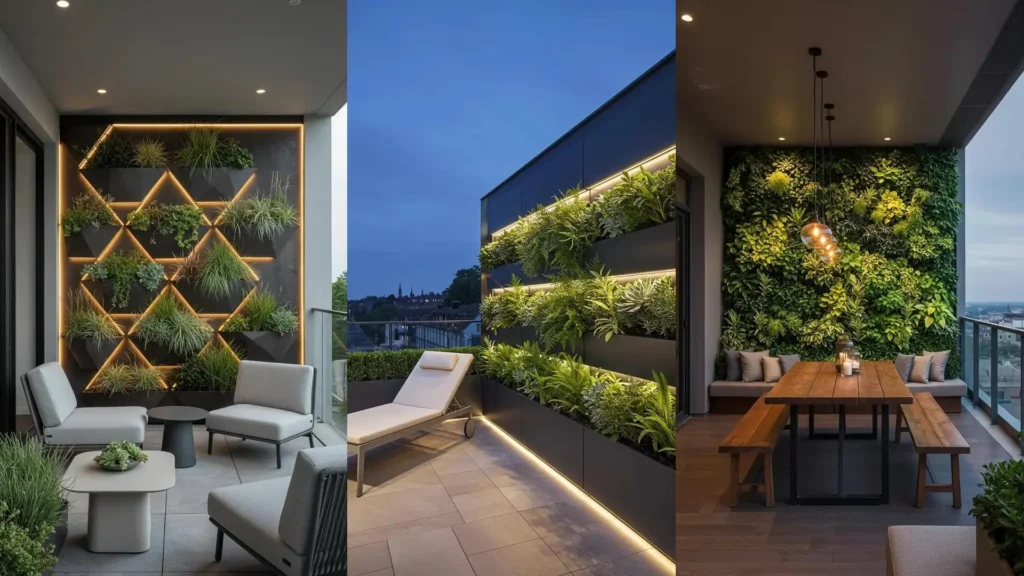 Trois balcons modernes avec murs végétaux lumineux, idées d'étagères à pots et ambiance extérieure fleurie.