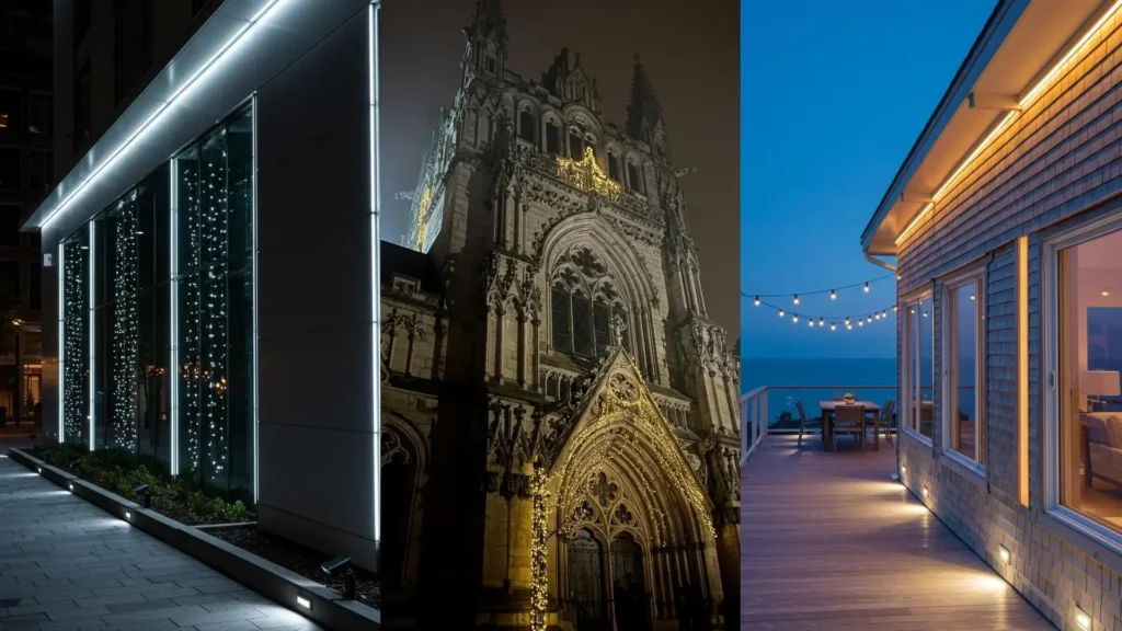 Trois façades illuminées de nuit avec guirlandes et projecteurs LED pour un décor extérieur varié.