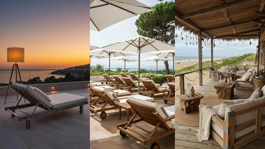Ambiance bord de mer avec transats design en bois et aluminium sur terrasses et plage.