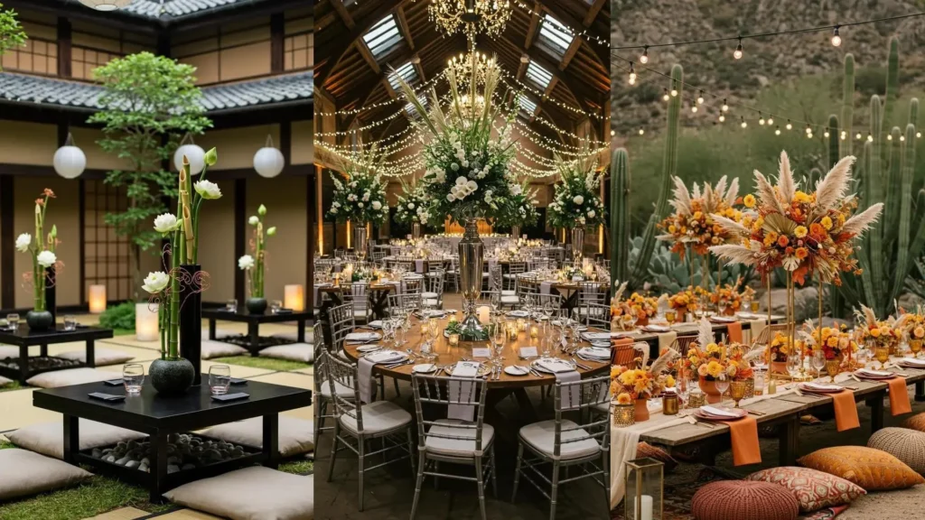 Trois styles de centres de table de mariage de luxe : compositions florales hautes, asymétriques et touches métalliques élégantes.