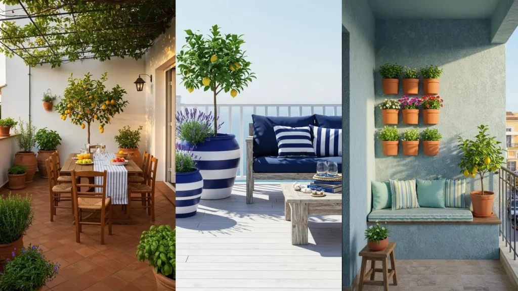 Belle terrasse méditerranéenne avec citronniers luxuriants, pots en terre cuite et coussins rayés. Inspiration DIY.