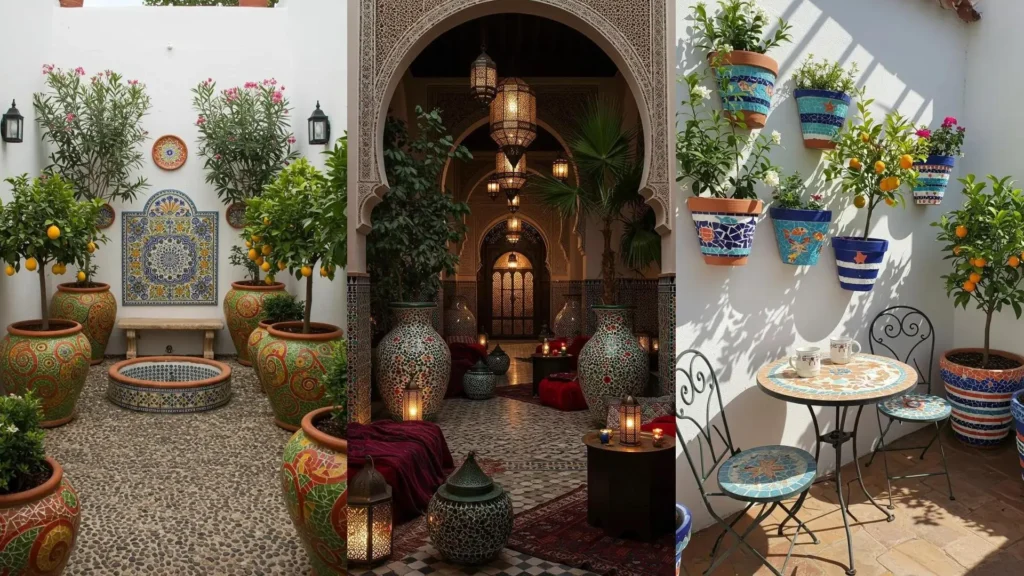 Pots de fleurs DIY en mosaïque colorée pour une terrasse méditerranéenne ensoleillée. Idées de décoration jardin et plantes.