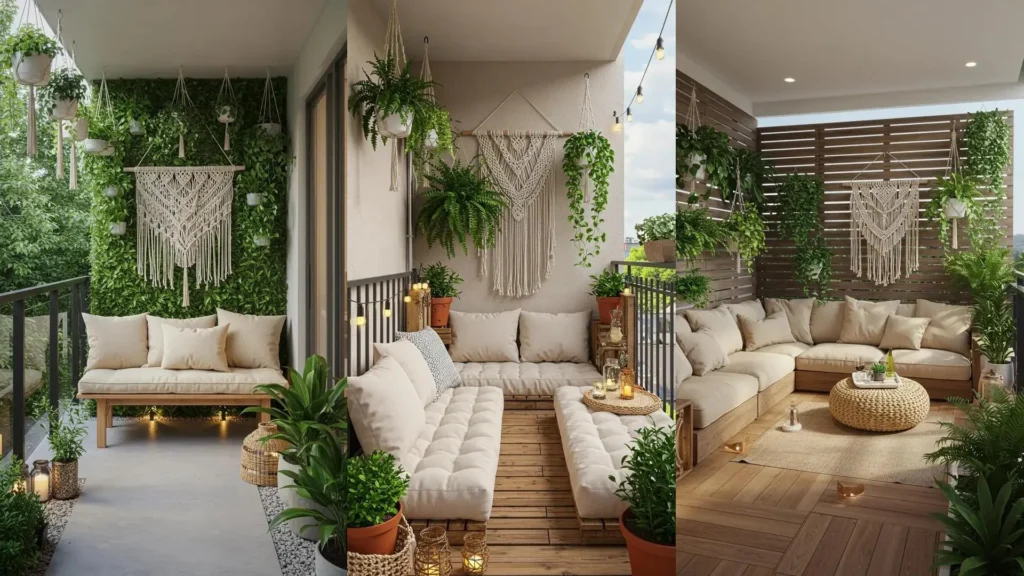 Balcon bohème et minimaliste: macramé, plantes suspendues, mobilier aux teintes naturelles.