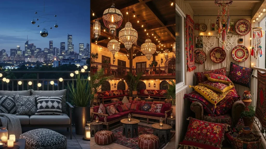 Terrasse bohème lumineuse avec coussins ethniques, guirlandes et mobile. Idées DIY pour un balcon cosy et chaleureux.