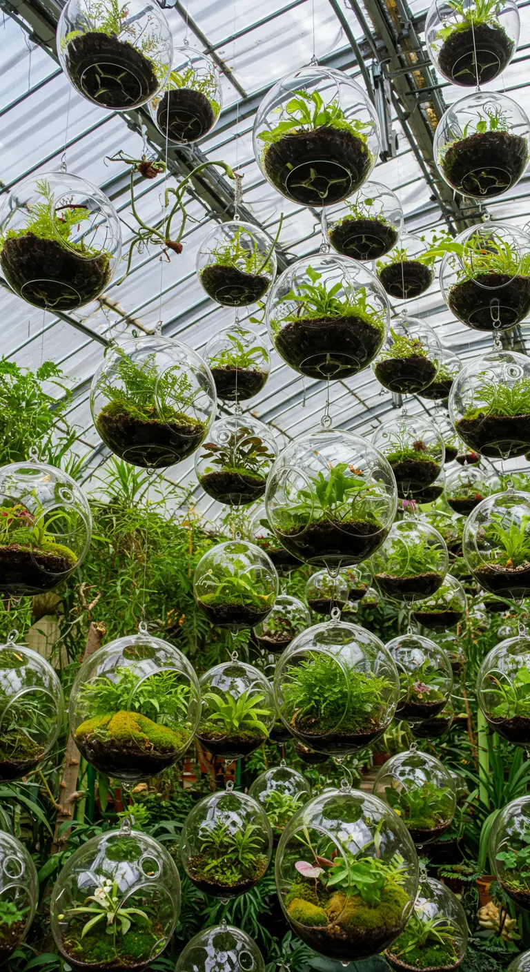 Des dizaines de terrariums sphériques avec diverses plantes vertes suspendus sous le toit transparent d'une serre luxuriante.