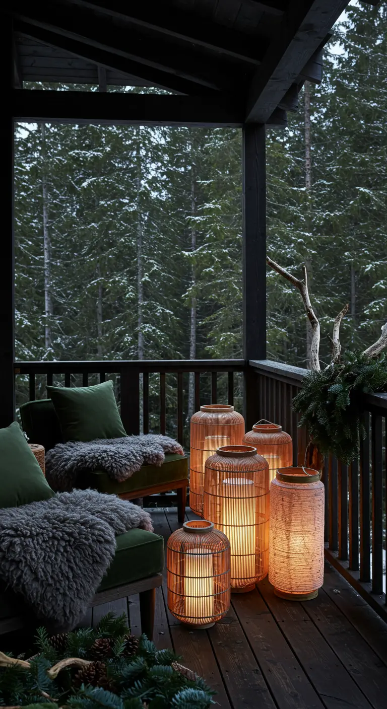 Porche couvert avec fauteuils verts, plaids en fourrure, lanternes en bambou et branches de pin.