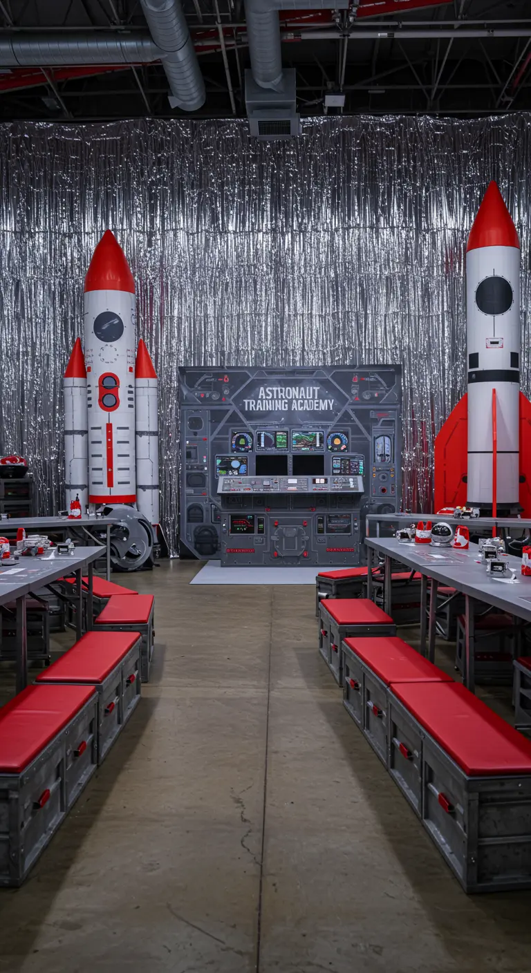 Salle avec fond en franges argentées, grandes fusées, panneau de contrôle et tables avec banquettes rouges.