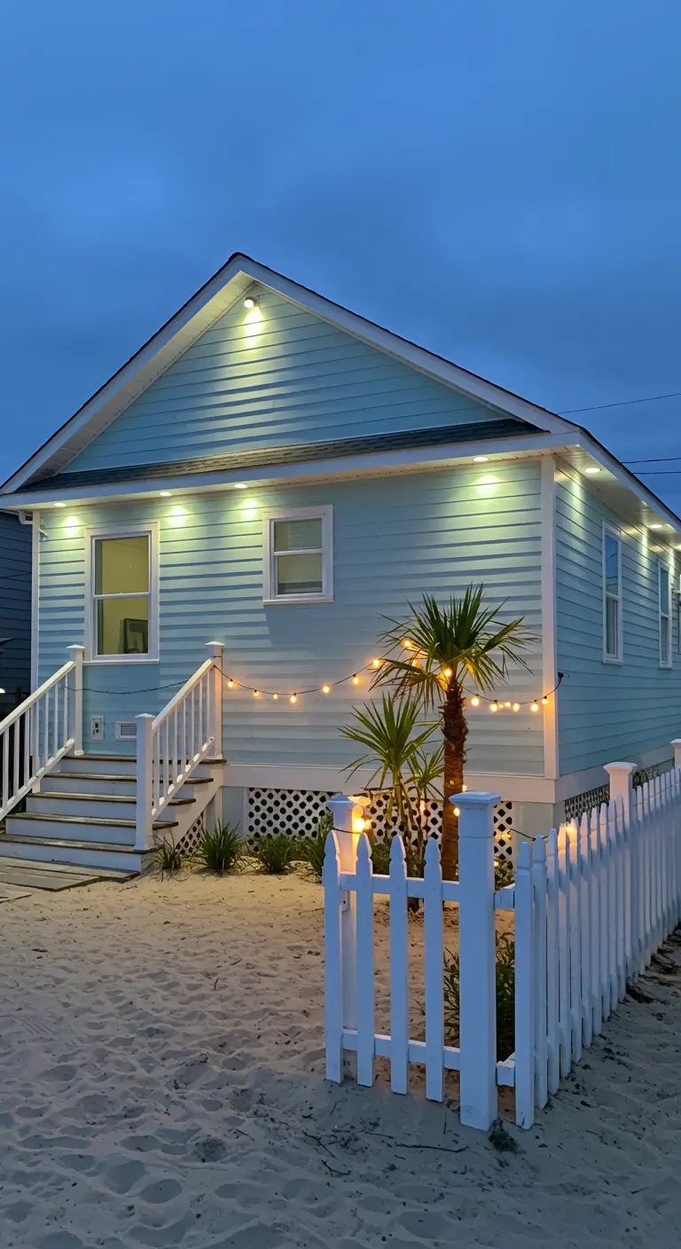 Maison bleu clair avec projecteurs sous les combles et guirlandes lumineuses près d'une petite palme.
