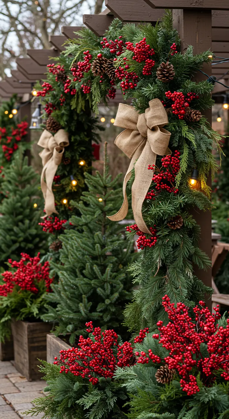 Piliers de pergola décorés de guirlandes de sapin, nœuds en toile de jute et baies rouges.