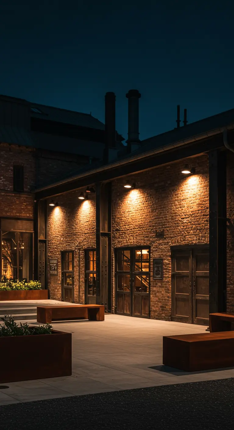 Bâtiment en briques avec projecteurs éclairant la façade et des bancs modernes la nuit.