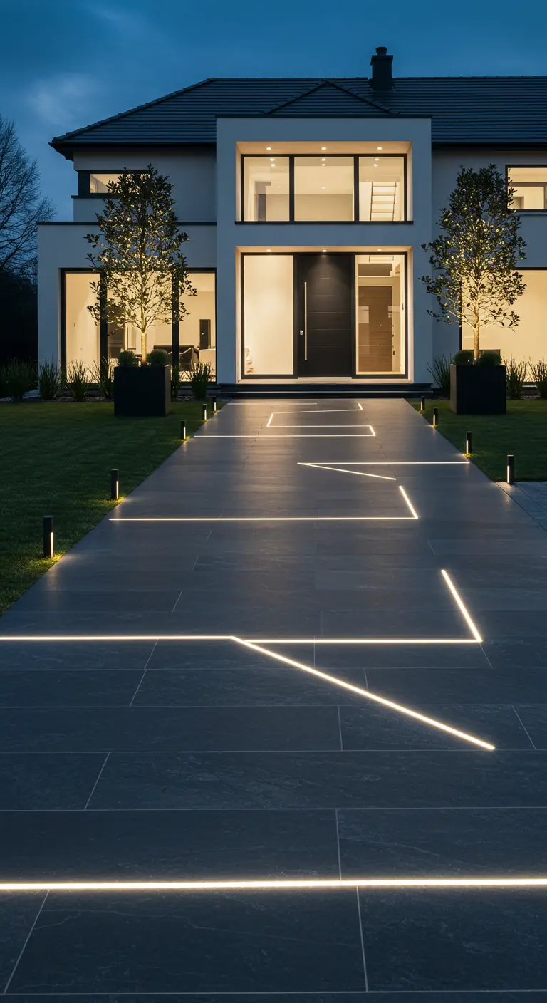 Allée d'entrée moderne en dalles sombres avec des motifs LED géométriques lumineux et bornes.