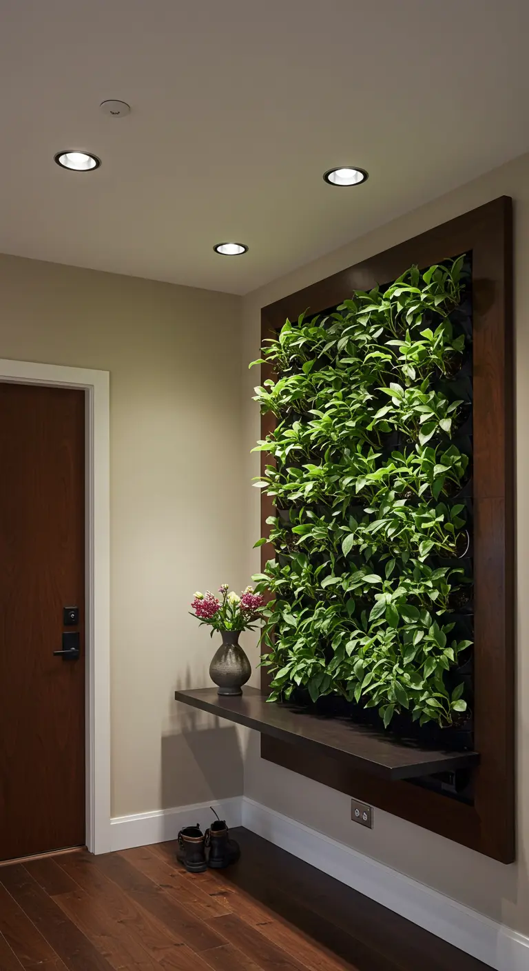Entrée avec mur végétal encadré, étagère flottante et vase de fleurs.
