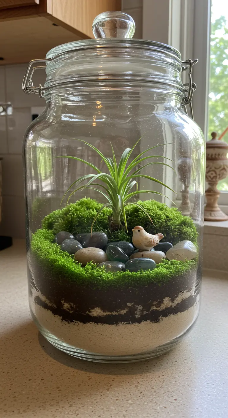 Grand bocal hermétique contenant des couches de sable, de la mousse, une Tillandsia et des galets avec un oiseau décoratif.
