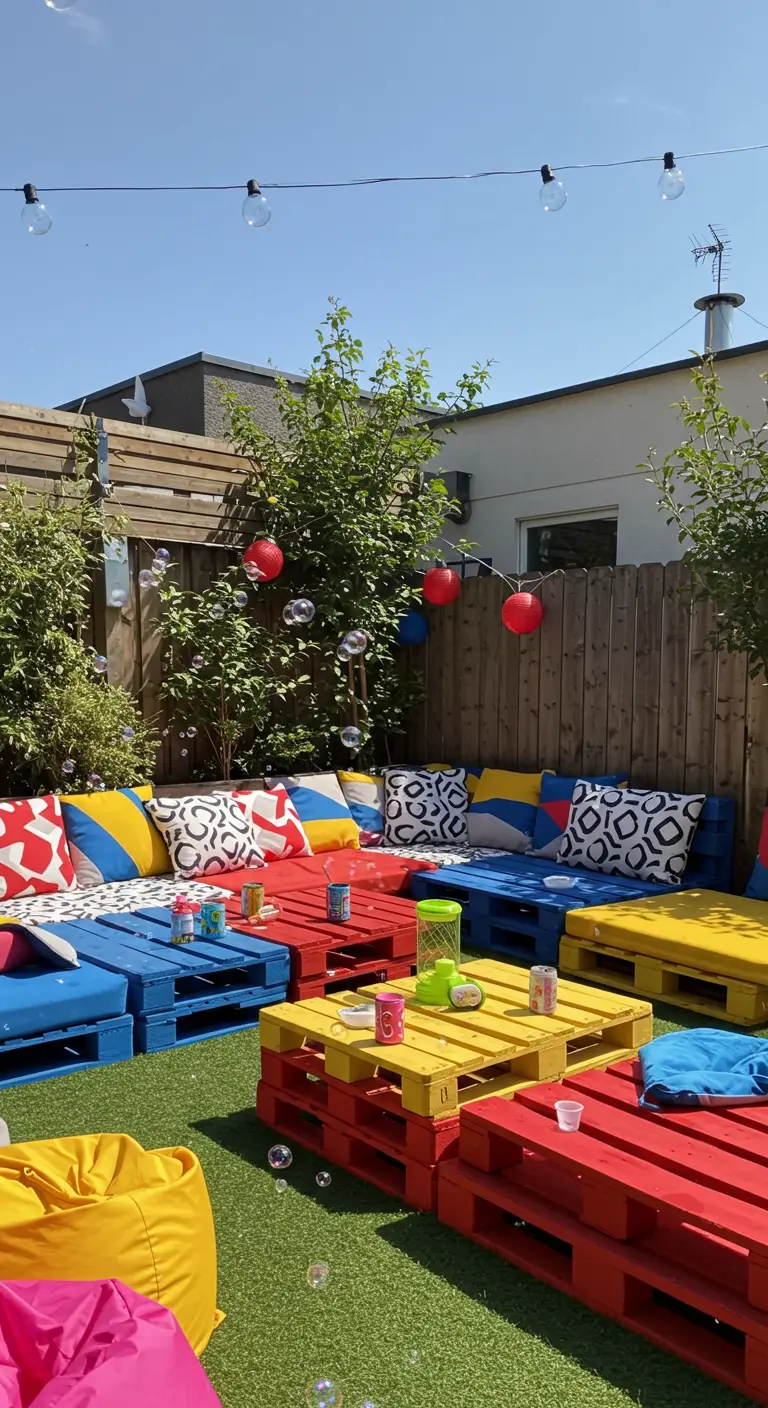 Jardin joyeux avec mobilier en palettes rouges, jaunes et bleues, coussins colorés et bulles.