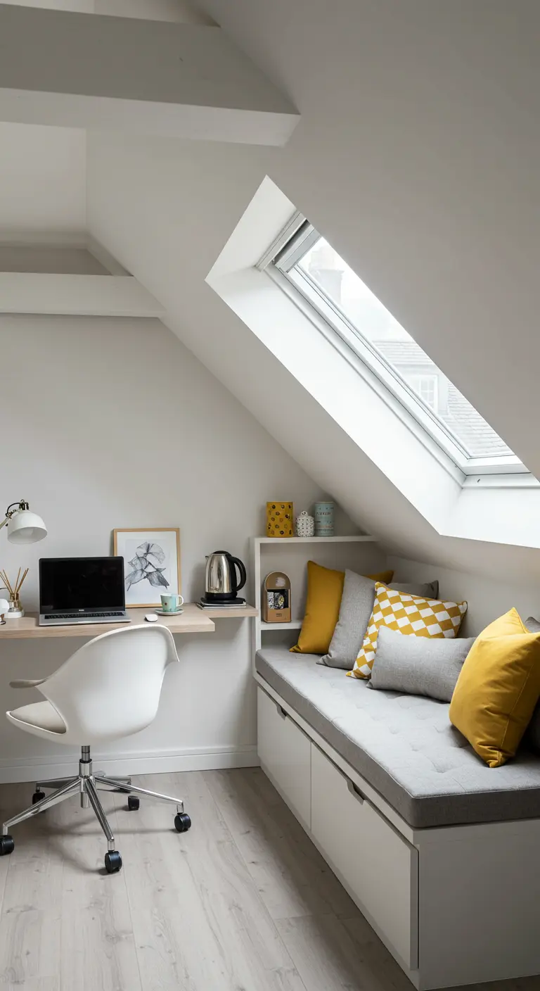 Bureau sous combles avec banquette intégrée, coussins colorés et fenêtre de toit.