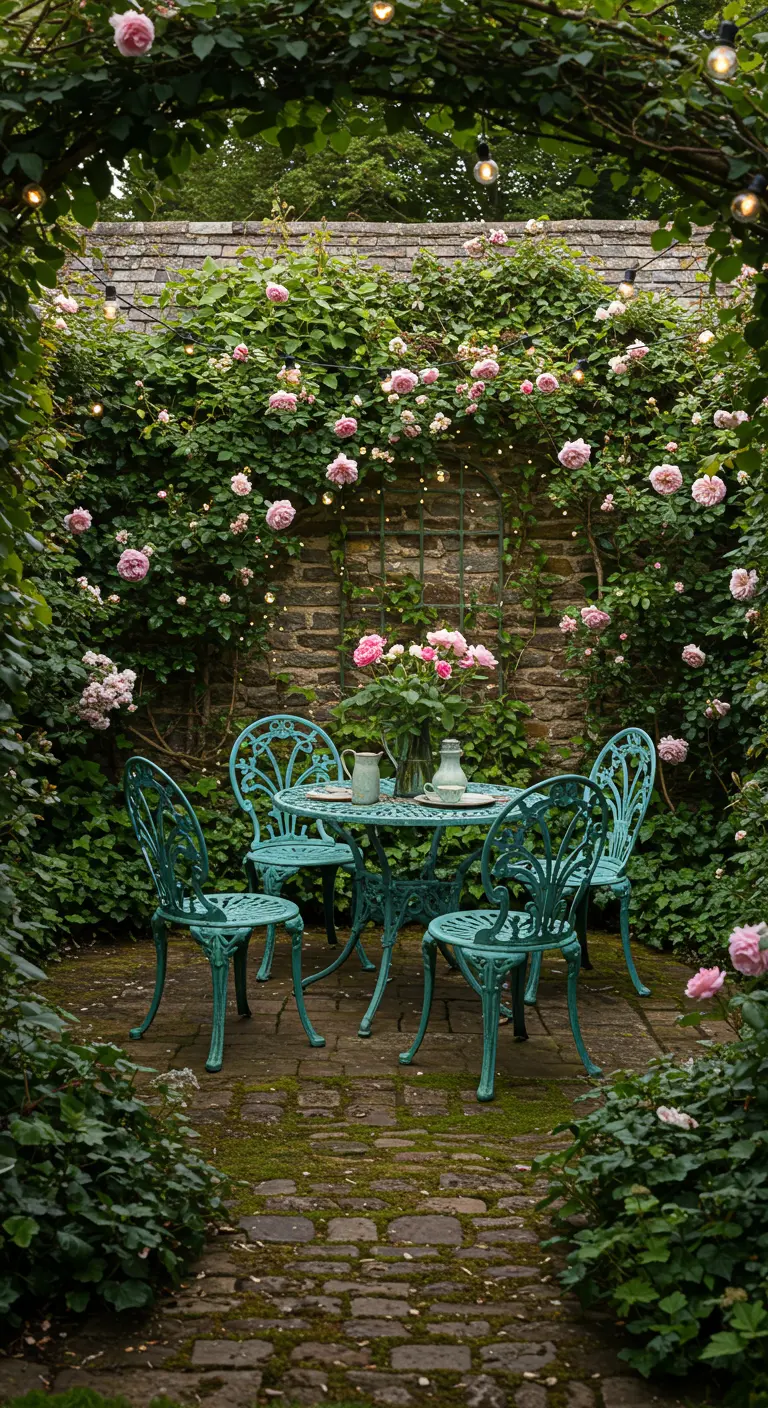 Petit salon de jardin en fer forgé turquoise, entouré de roses grimpantes et de lierre.