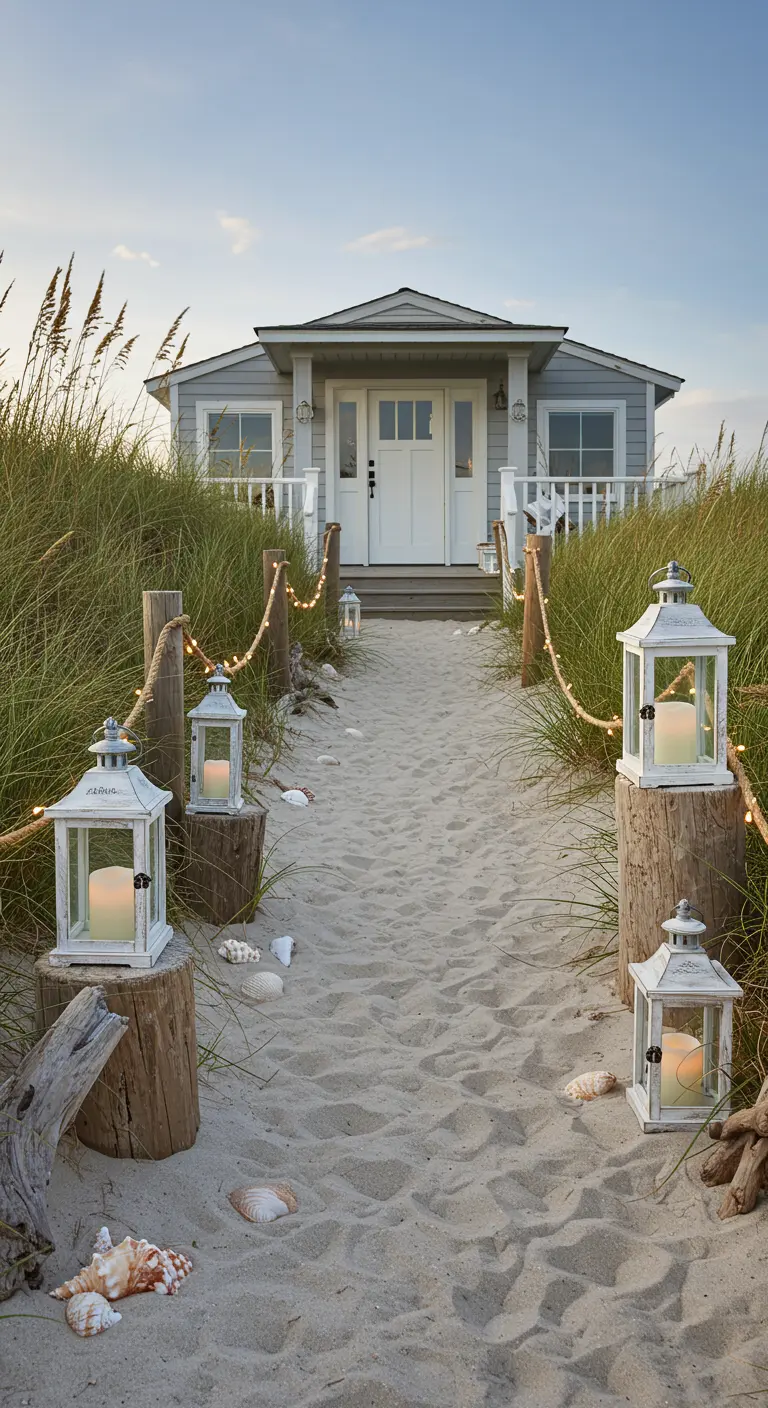 Allée de sable menant à une maison de plage, décorée de lanternes blanches sur des troncs et de coquillages.