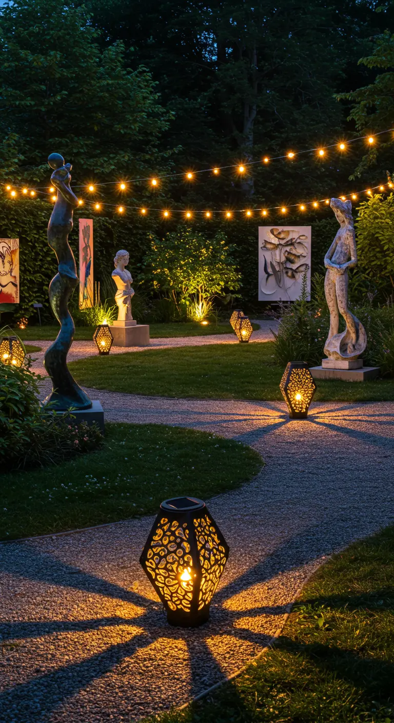 Jardin de sculptures illuminé par des guirlandes et des lanternes solaires ajourées.
