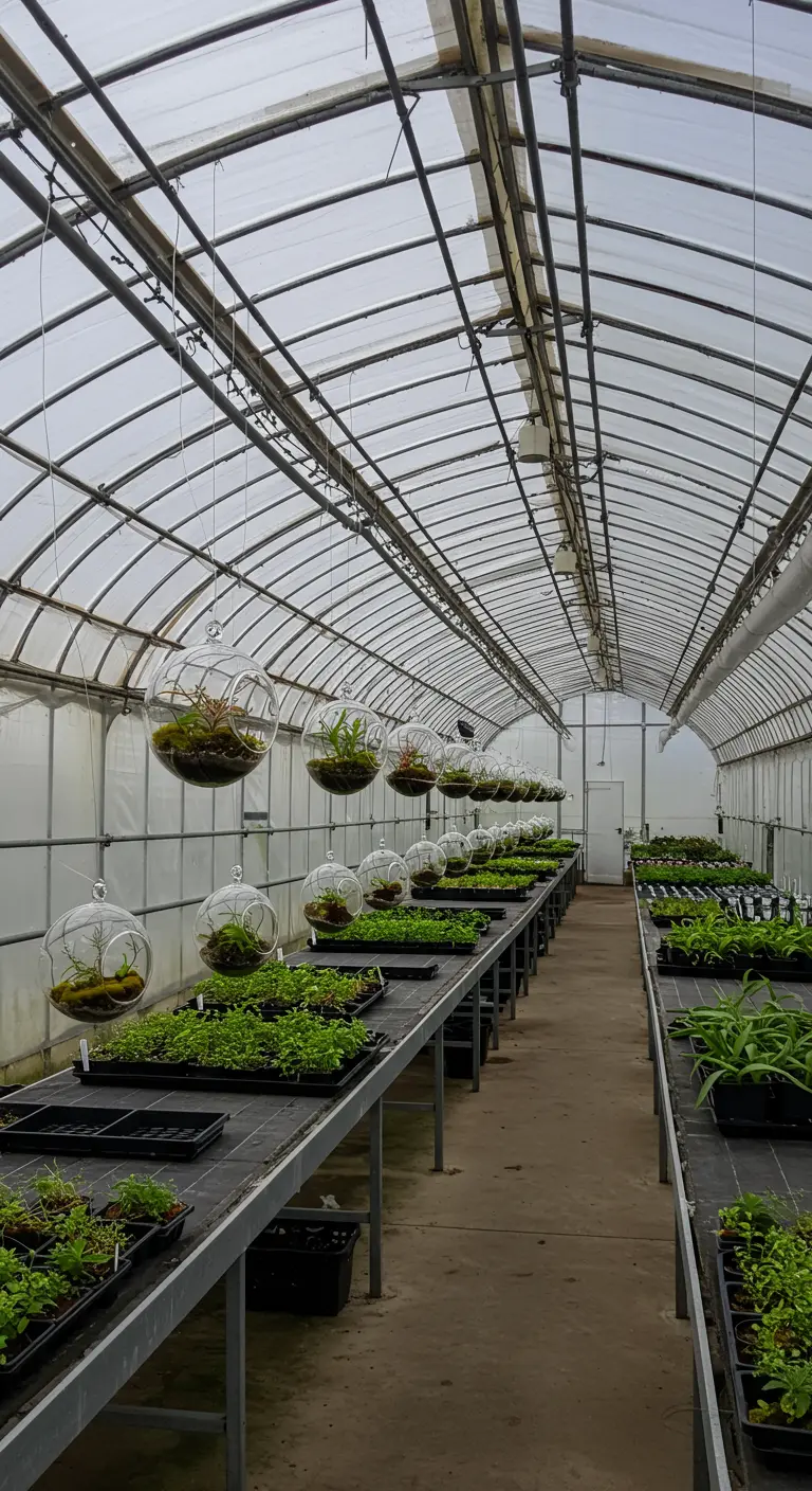 Longue allée dans une serre avec des dizaines de terrariums sphériques de plantes vertes suspendus en ligne au plafond.