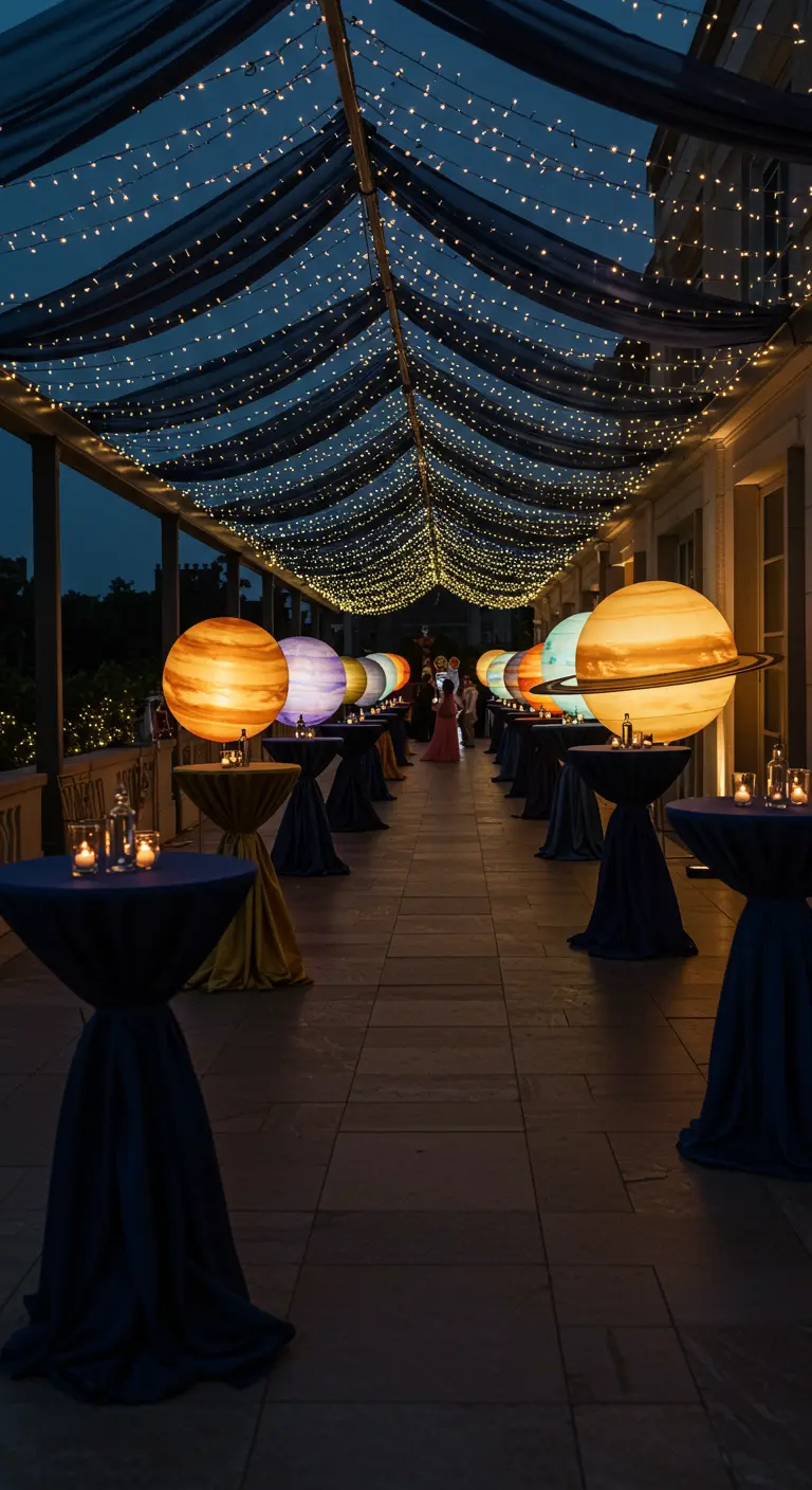 Allée extérieure avec tissu drapé, guirlandes lumineuses et lanternes planètes éclairées.