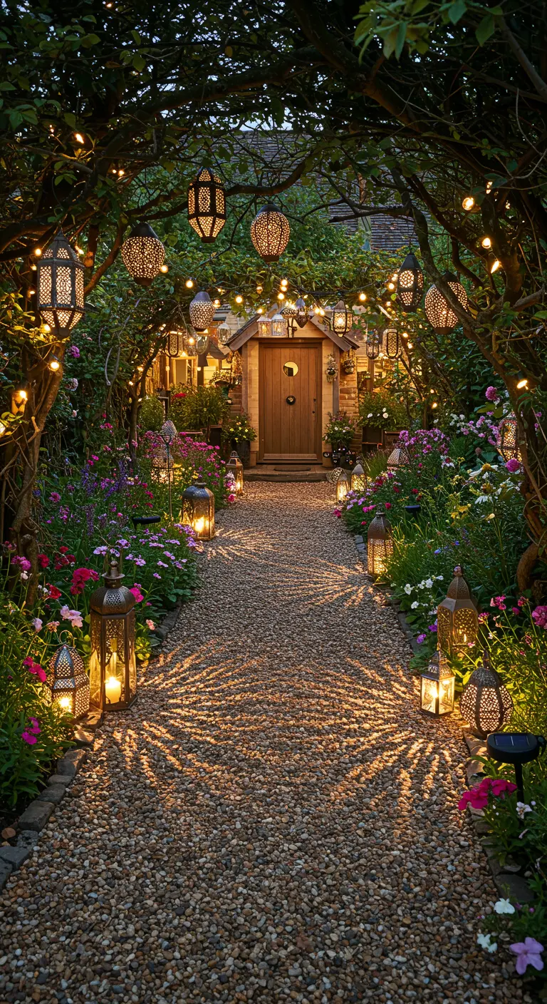 Chemin de jardin féérique sous une arche d'arbres ornée de lampions et guirlandes lumineuses.