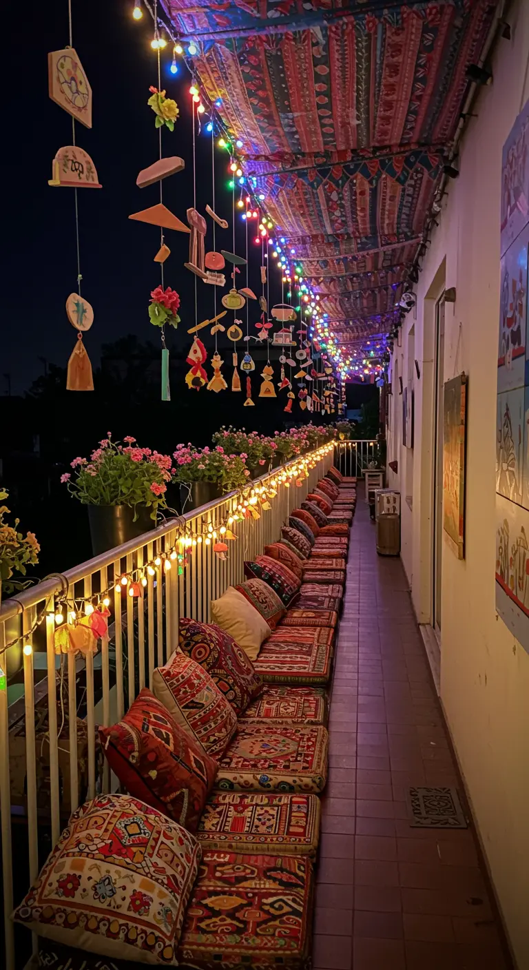 Long balcon avec tissus colorés, coussins ethniques, guirlandes multicolores et mobiles.