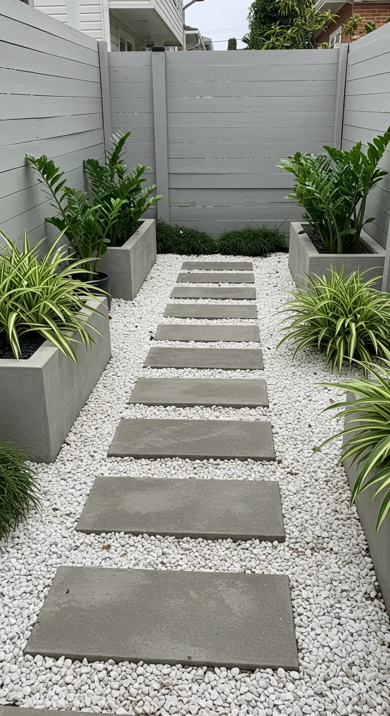 Allée de jardin avec dalles grises sur gravier blanc, bordée de jardinières en béton avec plantes vertes.