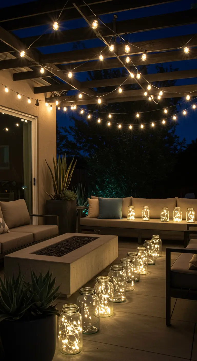 Terrasse moderne avec un brasero, un canapé d'extérieur, des guirlandes lumineuses et une allée de bocaux lumineux alignés.