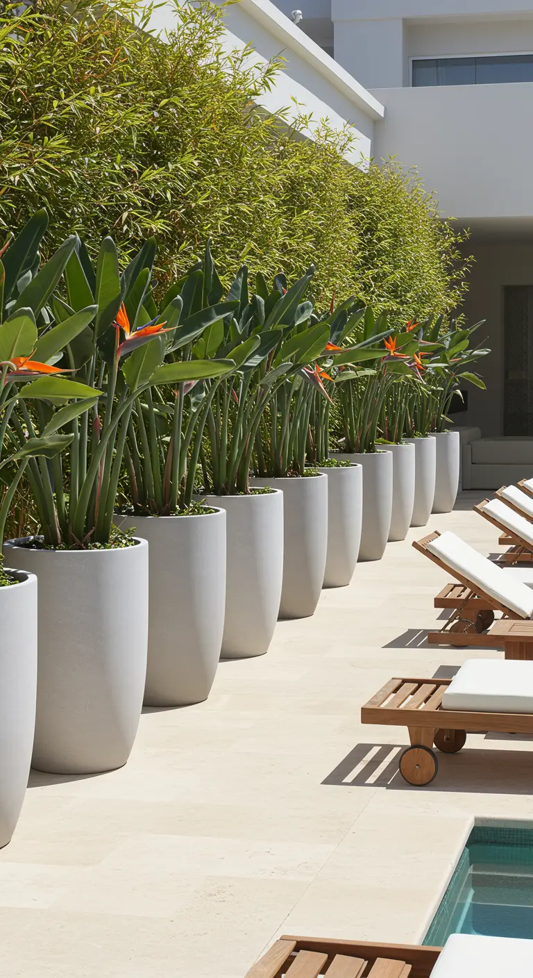 Rangée de pots gris identiques avec des Strelitzias le long d'une piscine, style linéaire.