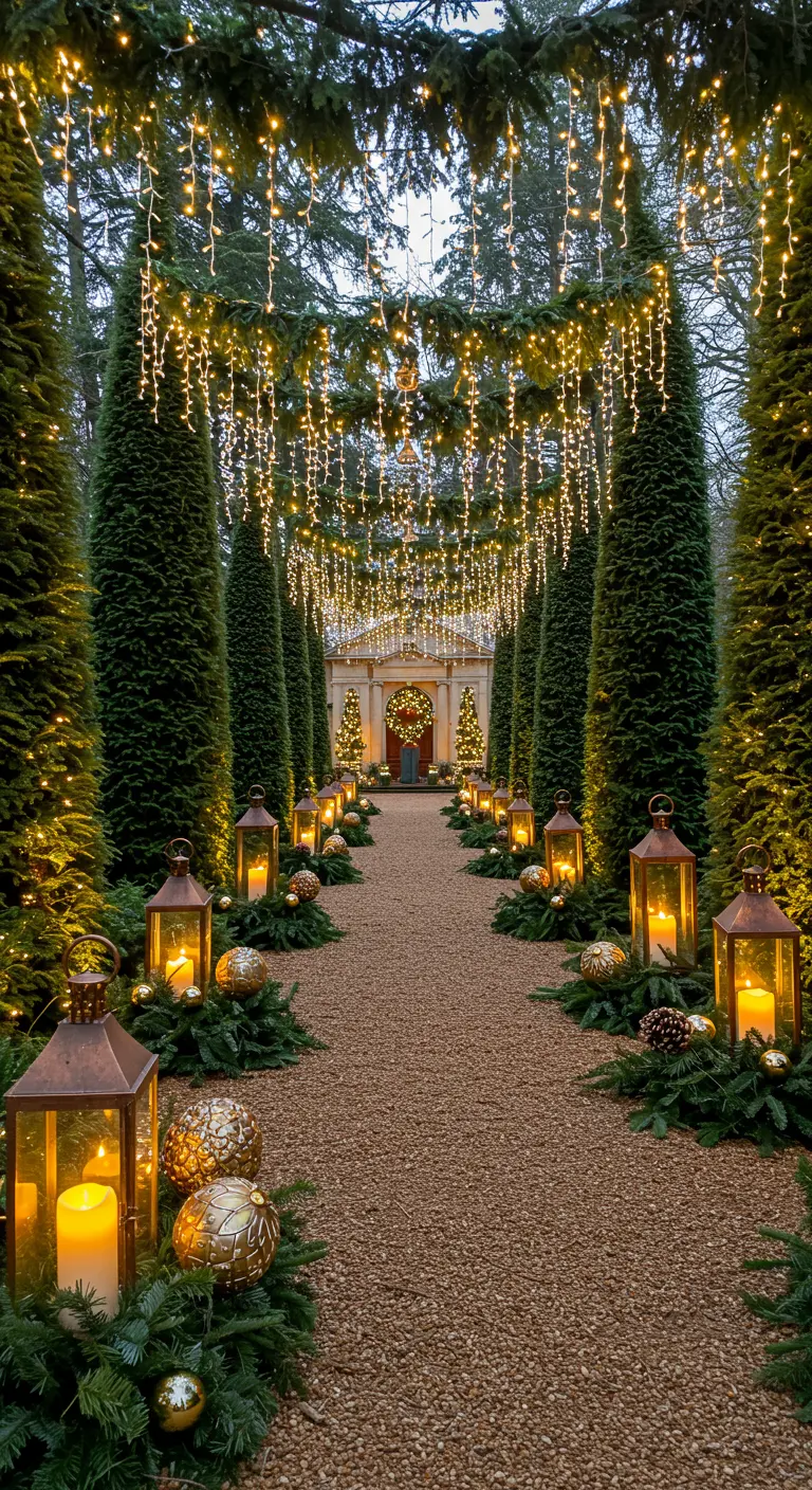 Longue allée de jardin bordée de grands arbres illuminés, lanternes et boules dorées.