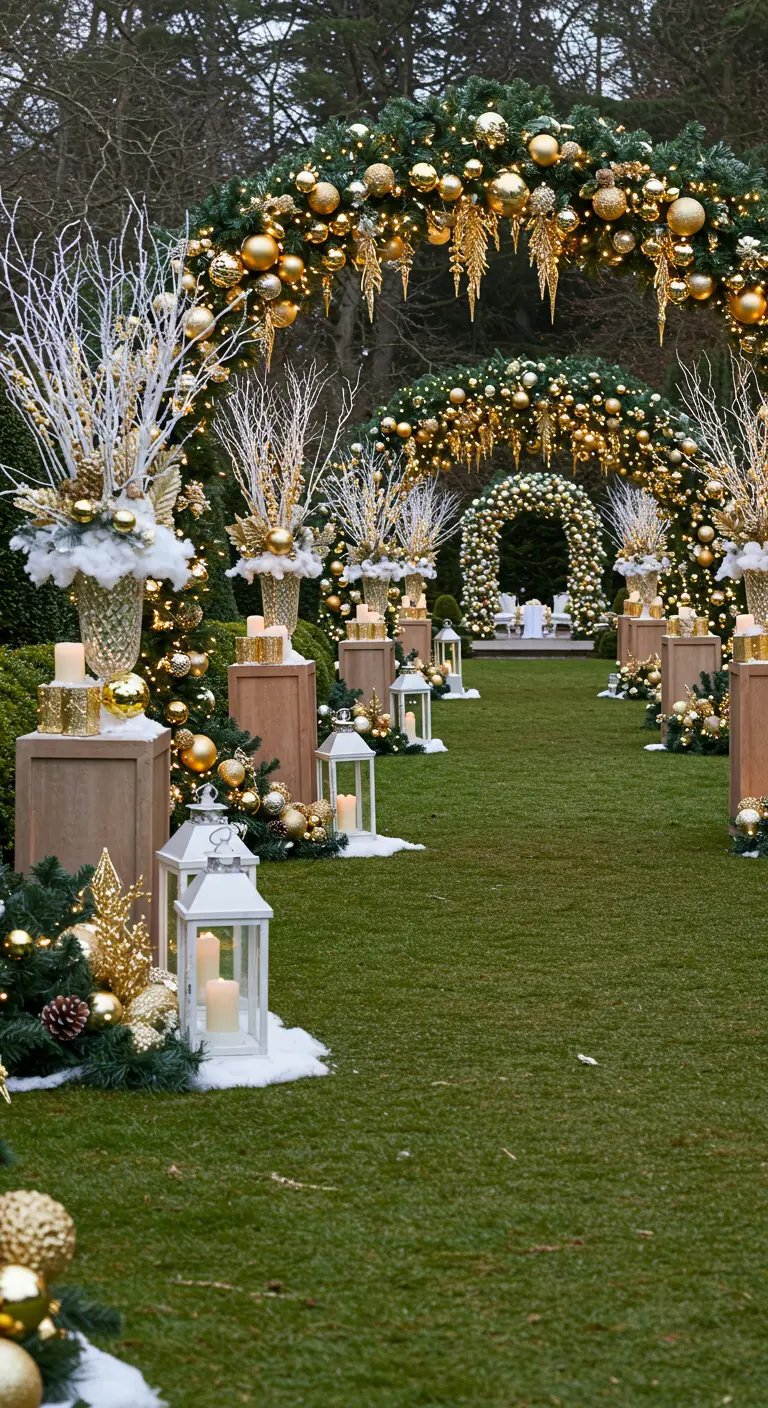 Allée extérieure décorée d'arches de sapin dorées, pots lumineux et lanternes.