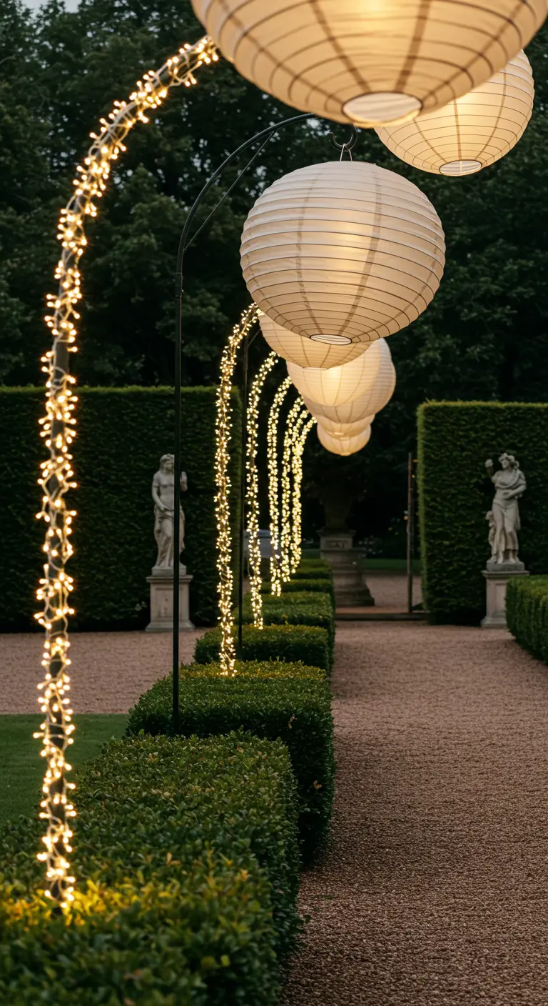Allée de jardin avec haies taillées, statues et arches lumineuses en guirlandes et lampions.