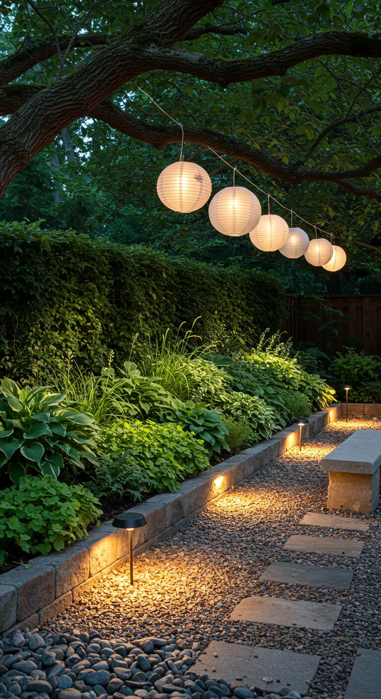 Allée de jardin avec gravier, pas japonais, plantes basses, éclairage de chemin et lanternes suspendues.